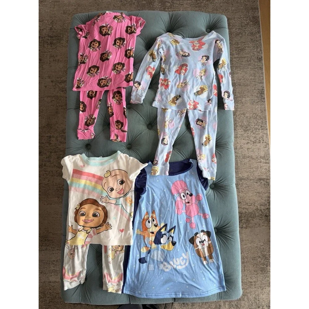 Disney Princess Bluey Dora Coco Melon Pajama Bundle Sets Gown Shorts 5 Pc Sz 4t